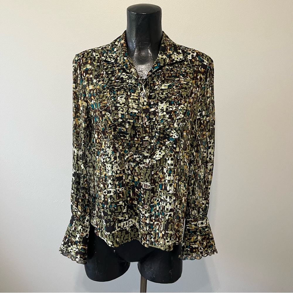 Jones New York Green and Cream Ruffled Blouse